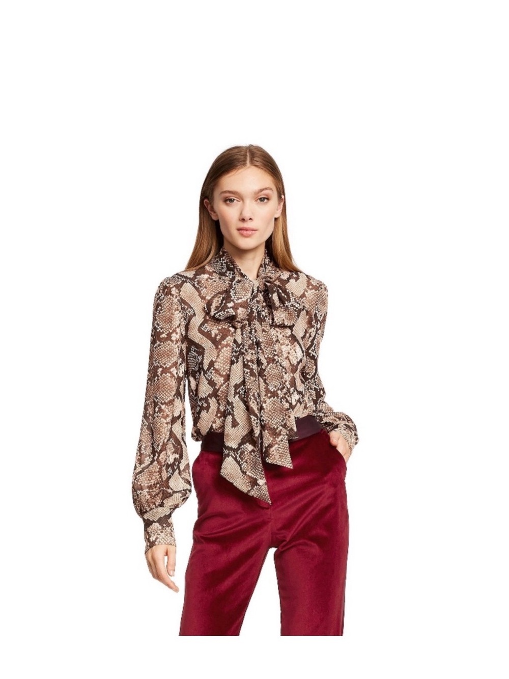 Altuzarra For Target Brown Snake-Print Tie-Neck Blouse
